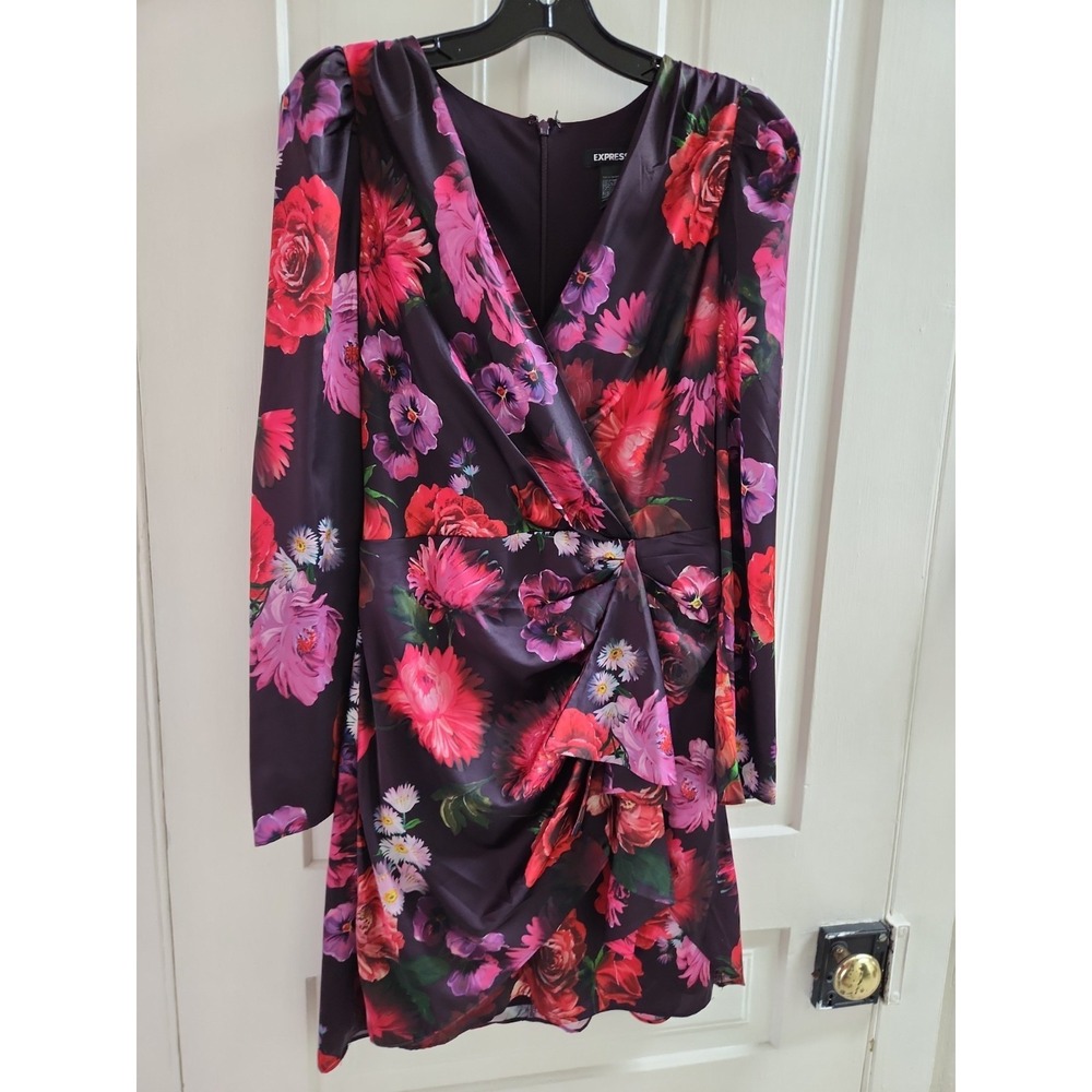 Express Conscious Edit Floral Wrap Mini Dress Plum Magenta Size 12 Long Sleeve